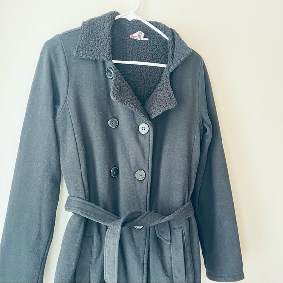 ROXY Black Belted Peacoat Jacket Sherpa Lined Winter Coat medium Cozy Surf Style - Picture 3 of 6